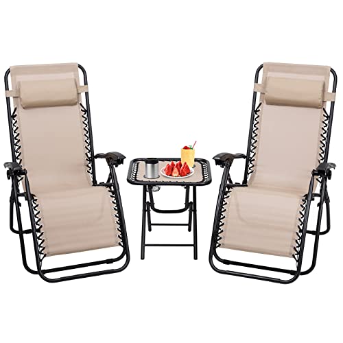 Costway 3 PCS Zero Gravity Lounge Chair Set, Outdoor Lounge Chairs w/Removable Headrest and Table w/ 2 Cup Holders, Set of 3 Adjustable Folding Lounge & Table for Balcony Yard Beach Pool (Beige)