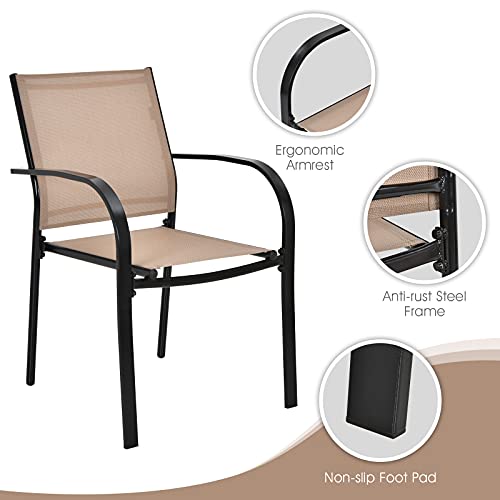 Costway 2 Pieces Outdoor Dining Chairs, Stackable Chairs with Armrests and Breathable Fabric, Patio Bistro Chairs for Garden, Backyard and Poolside