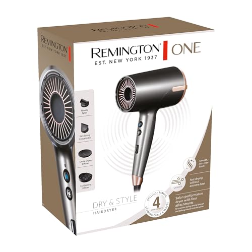 Remington One Dry & Style Hair Dryer, D6077AU, 4 Styling Attachments, Double Ionic System, High Performance 2000W, 8 Heat and Speed Combinations