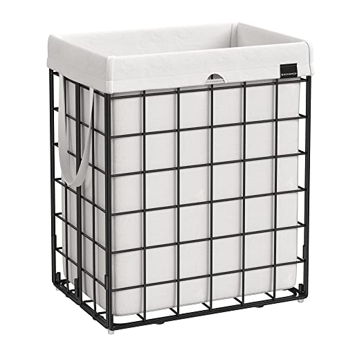 SONGMICS 90L Laundry Basket, Collapsible Washing Basket, Laundry Hamper, Removable and Washable Bag, Metal Wire Frame, for Bedroom Bathroom, Black and White LCB190W01