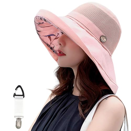 ZPLxi Sun Hat for Women, Wide Brim UPF UV Protection Bucket Hat with Cap Clip, Adjustable Chin Strap Foldable Packable Sun Protection Hat for Summer Beach, Hiking, Camping, Daily Pink