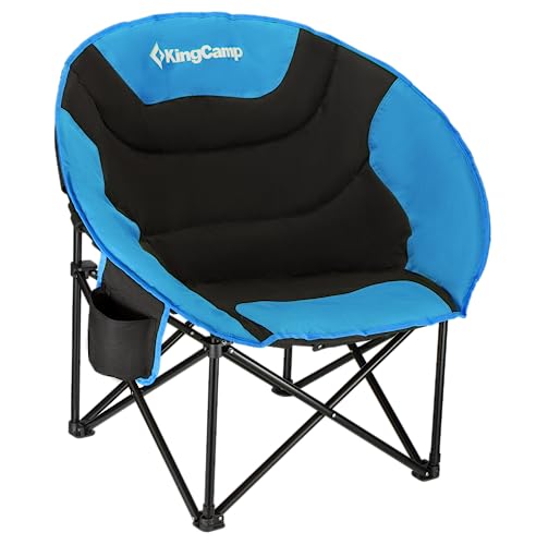 KingCamp Oversized Saucer Round Camping Chair Portable Padded Outdoor Folding Chair for Adult with Cup Holder Back Pocket Carry Bag, Support Up to 300lbs, Blue