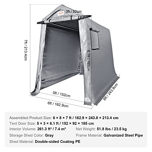 VEVOR Portable Shed Outdoor Storage Shelter, 6x8x7 ft Heavy Duty Instant Waterproof Storage Tent Sheds with Roll-up Zipper Door and Ventilated Windows for Motorcycle, Bike, Garden Tools