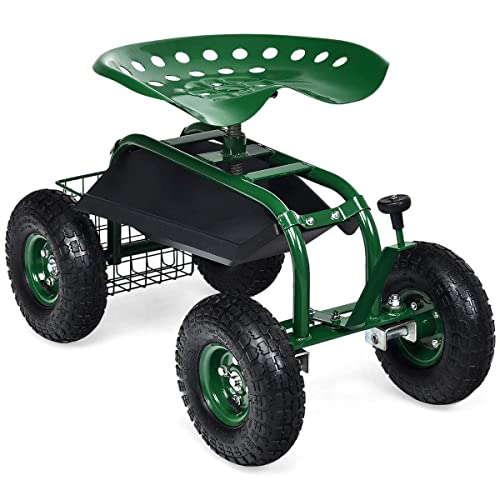 Goplus Garden Cart Gardening Workseat w/Wheels, Patio Wagon Scooter for Planting, Work Seat with Tool Tray and Basket (Knob Handle)