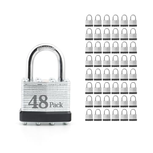 ZonRo Locks Laminated Steel Keyed Padlocks,Keyed Alike Locks, 1-9/16 inch Wide,Normal Shackle Padlocks, Pack of 48，Black Hoop, for Hasp Latch, Sheds, Fences, Storage Locker, School, Gym…