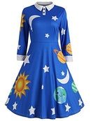 ZEZCLO Women's Long Sleeve Peter Pan Collar A-line Dress Halloween Costume Vintage Solar System Fit and Flare Dresses, Blue, Medium
