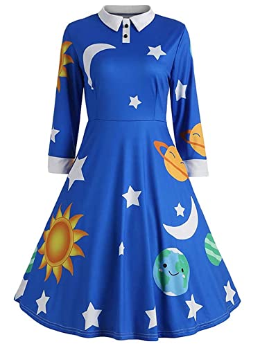 ZEZCLO Women's Long Sleeve Peter Pan Collar A-line Dress Halloween Costume Vintage Solar System Fit and Flare Dresses, Blue, Medium