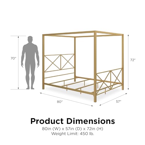 DHP Rosedale Metal Canopy Bed Frame with Four Poster Design and Geometric Accented Headboard and Footboard, Underbed Storage Space, Full, Gold