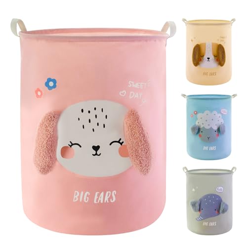 Mziart Kids Laundry Basket, Cute Animal Baskets Collapsible Dirty Clothes Laundry Hamper Nursery Storage Basket Large Boys Girls Toy Box Storage Organizer for Bedroom Bathroom Gift Baskets, Pink Dog