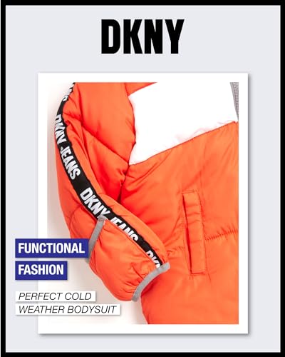 DKNY Baby Boys’ Snowsuit – Hooded Fleece Lined Warm Winter Jumpsuit – Zip Snow Pram for Newborns and Infants (0-24M), Size 24M, Orange