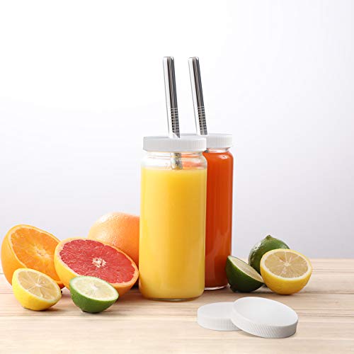 [ 8 Pack ] 16 OZ Glass Juicing Bottles w Airtight Lids & 2 Straws & 2 Lids w Hole - Reusable Drinking Jars, Travel Water Cups - Tall Mason Jar for Juice, Boba, Smoothie, Tea, Kombucha, Homemade Drinks