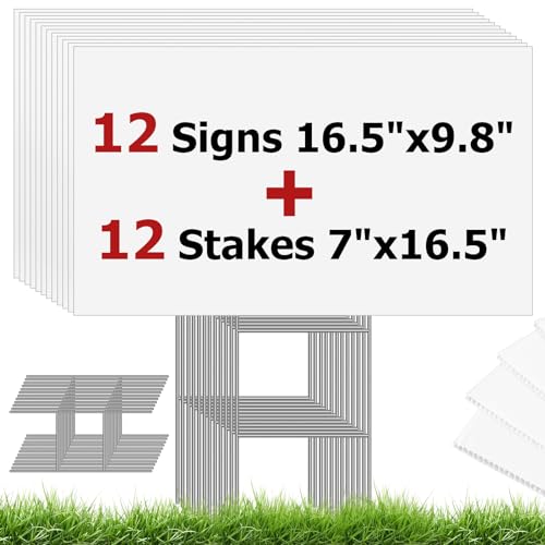 Gtongoko 12 Pack Blank Yard Signs with Stakes White Corrugated Plastic 16.5 x 9.8" Double Sided for Yard Sale Sign Outdoor, Garage Sale, Birthday Party, Rent, Guidepost Decorations