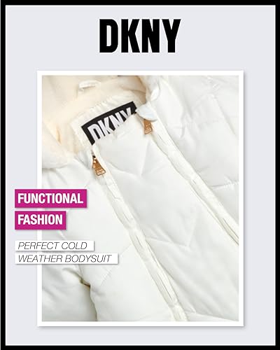 DKNY Baby Girls' Pram Snowsuit – Heavyweight Quilted Bodysuit – Insulated Zip Up Outerwear Footed Jumpsuit Coveralls (0-24M), Size 3-6 Months, Cream