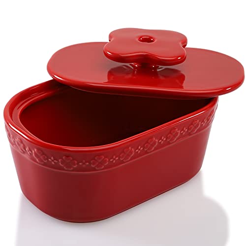 AVLA Porcelain Butter Dish, Ceramic Butter Dish with Lid for Countertop, Large Butter Container Storage Keeper Holds Up to 2 Sticks of Butter, Oval Shape Butter Crock Flower Series, Red