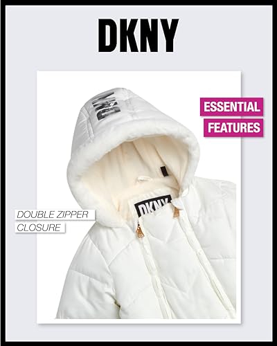 DKNY Baby Girls' Pram Snowsuit – Heavyweight Quilted Bodysuit – Insulated Zip Up Outerwear Footed Jumpsuit Coveralls (0-24M), Size 3-6 Months, Cream