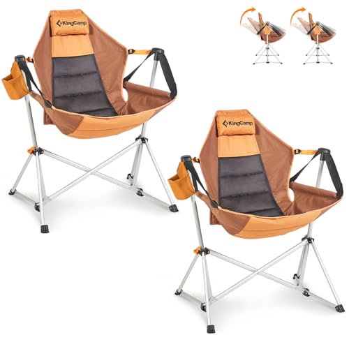 KingCamp Hammock Camping Chair Swinging Rocking Chair for Adults Portable Folding Chair Hold Up to 264 lbs Carrying Bag Cup Holder for Lawn Beach Camp Outside(Brown/2-pack)