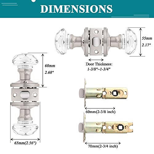 Orger 5 Pack Glass Door Knobs for Hallway and Closet, Crystal Passage Door Knobs with Round Diamond Shape, Non-Locking Interior Door Handles, Round Rosette with Satin Nickel Finish