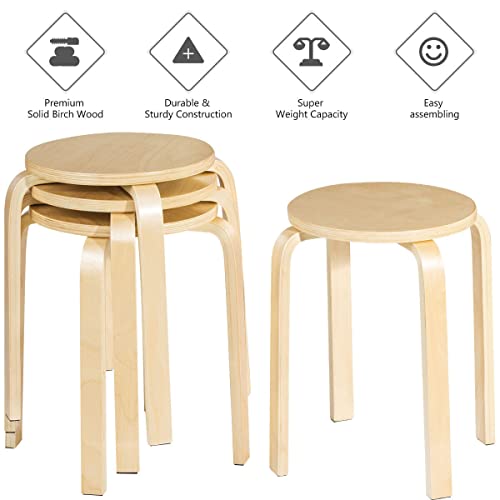 Giantex Set of 4 Round Stacking Stools, Solid Wood Dining Room Stool, Space-Saving Stackable Round Stool, Bar Stool 150 kg Load Capacity, Dining Chair Set of 4 for Living Room Kitchen Dining Room