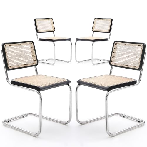 seonyou Rattan Mid Century Modern Dining Chairs Set of 4, Dining Room Chairs with Rattan Solid Wood Backrest and Sturdy Metal Leg, Woven Black Cane Back Kitchen Chairs