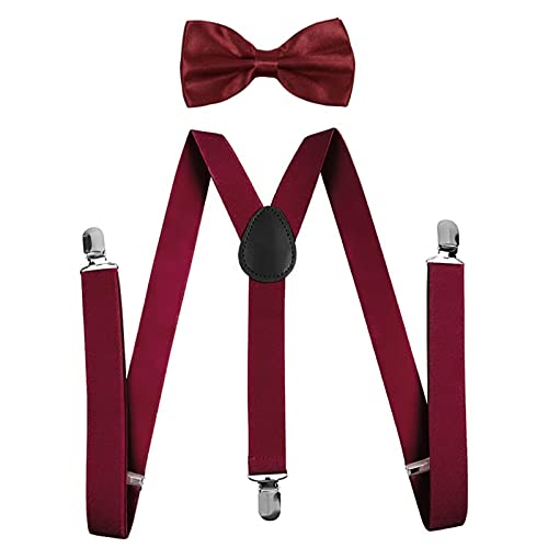 Wine Red Kids Braces Bowtie Set Toddler Children Elastic Adjustable Suspenders with Bow Ties for 12 Months - 9 Years Boys Girls