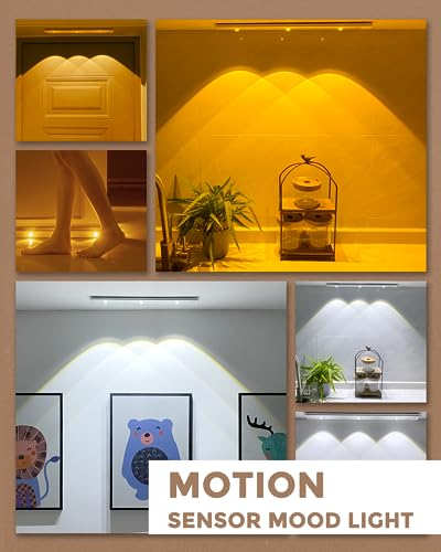 MERTTURM Motion Sensor Cabinet Mood Light, 45cm Wireless Closet Light, 1500mAh Rechargeable Dimmable LED Light Bar with 3 Light Colors, Magnetic Install for Kitchen Wardrobe Cupboard(1800K-6500K)