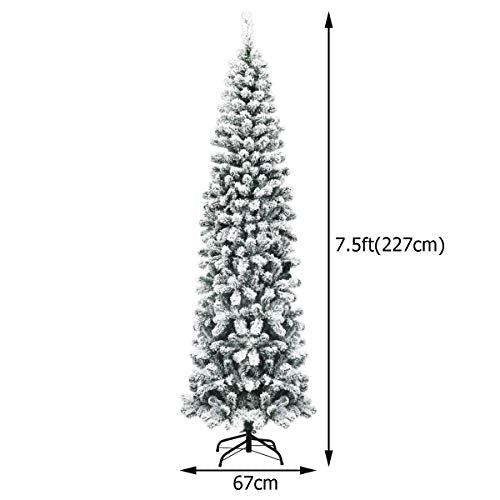 7.5FT Artificial Slim Christmas Tree, Snow Flocked Hinged Pine Xmas Tree, 641 PVC Tips, Sturdy Metal Base, Hinged Construction, Indoor and Outdoor Christmas Decoration, Easy Set Up