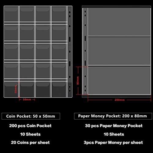 200 Pockets Coins Collecting Album & 30 Sleeves Paper Money Display Storage Case,Coin Collection Book Holder for Coin Currency Collection Supplies, Bill, Pennies, Quarters, Stamp