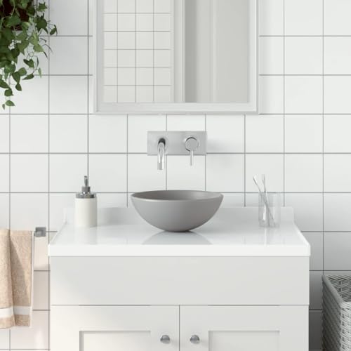 'vidaXL Ceramic Bathroom Sink - Light Grey, Round Shaped Above Counter Mount Basin - Easy to Clean, Matt Surface Finish with 4.5 cm Drainage Hole