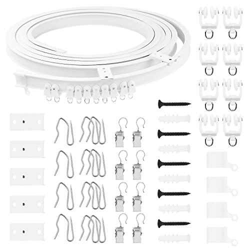 Swpeet 151PCS 5 Meters Ceiling Curved Curtain Track Kit, Mount Soft Windows Curved Track, Track Rollers, Track Curtain System, Metal Curtain Hooks, Metal Curtain Clips, Snap-on Ceiling Brackets