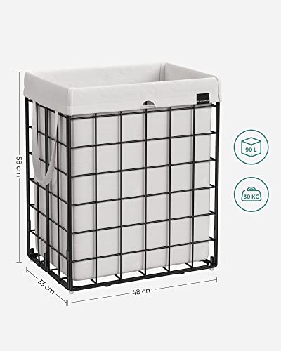 SONGMICS 90L Laundry Basket, Collapsible Washing Basket, Laundry Hamper, Removable and Washable Bag, Metal Wire Frame, for Bedroom Bathroom, Black and White LCB190W01