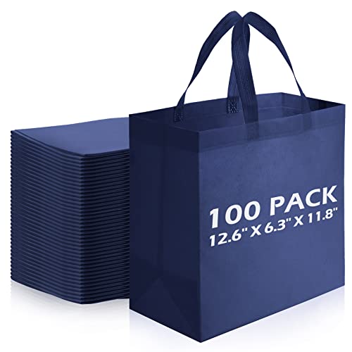 100 Pieces Reusable Totes Bag Set Non Woven Grocery Bag with Handles Fabric Portable Tote Bag Bulk for Shopping Events Party, Navy Blue, Large