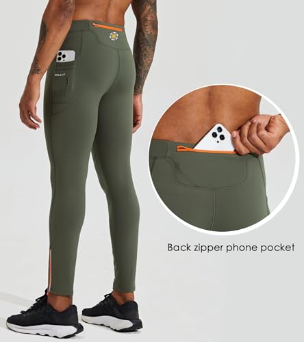 WILLIT Men's Fleece Running Leggings Cold Weather Gear Winter Cycling Tights Pants Water Resistant Zipper Pockets Olive Green M