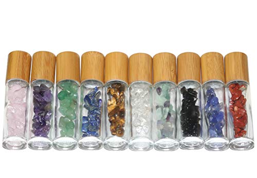 10ml Roll On Bottle For Essential Oils,10 Pack Clear Glass Roller Bottles With Natural Crystal Gemstone Roller Balls Top,Bamboo Lid,Thick Glass Essential Oil Bottles-Healing Crystal Chips Inside