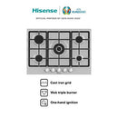 Hisense GM773XF 75cm 5 Burners Built-in Gas Hob with Easy Clean Surface, Wok Burner - Stainless steel