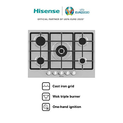 Hisense GM773XF 75cm 5 Burners Built-in Gas Hob with Easy Clean Surface, Wok Burner - Stainless steel