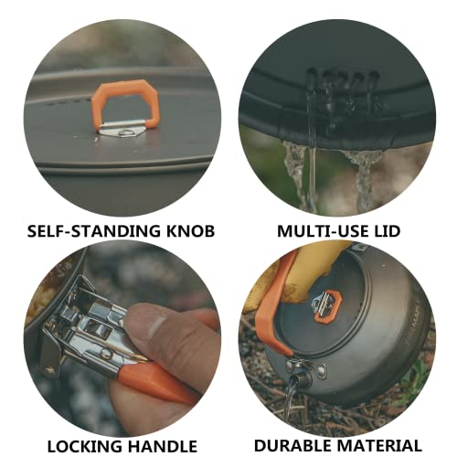 Fire-Maple Camping Cookware Set with Pot, Kettle, Pan for 4 People Feast4, Easy to Clean Hard Anodized Aluminum, 8 Piece Pot and Mess Kit, Essential Pots and Pans Set, Camping Gear and Accessories