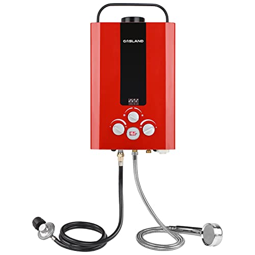 Tankless Water Heater, GASLAND Outdoors BE158R 1.58GPM 6L Portable Gas Water Heater, Instant Propane Water Heater, Overheating Protection, Easy to Install, for RV Cabin Barn Camping Boat, Red