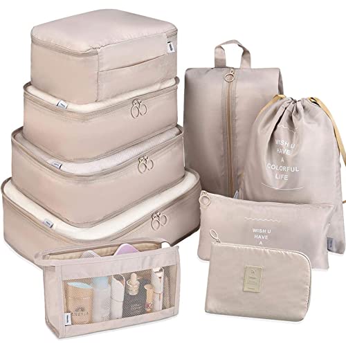 DAWNTREES 9 Set Packing Cubes for Travel, Luggage Suitcase Organizer,with Shoe Bag,Compression Packing Cubes,Cosmetics Bag, Travel Accessories Bags Made with Wearable Waterproof Fabric