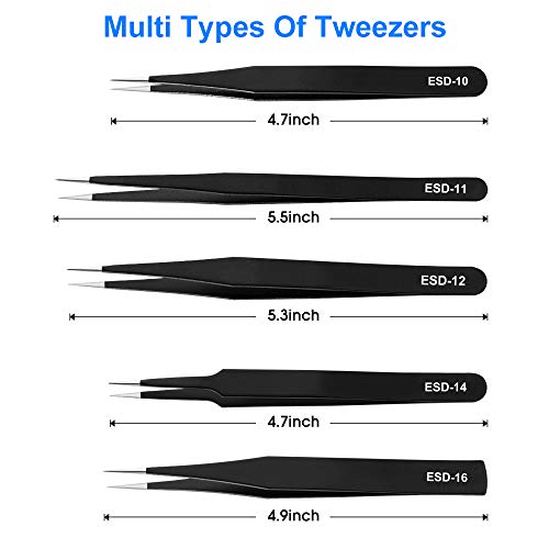 10 PCS Precision Tweezers Set, Premium Craft Tweezers Kit, Stainless Steel Electronic ESD Tweezers, Anti-static Industrial Soldering Tweezers, with Tweezer Storage Bag