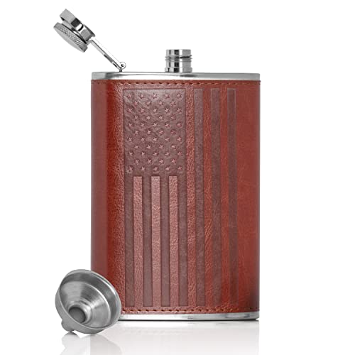 Maxam Stainless Steel Flask With Leather Embossed Flag Wrap, Lightweight Drinking Hip Flask with a Screw-On, Leak Proof Lid and Funnel, 8 Ounce Capacity