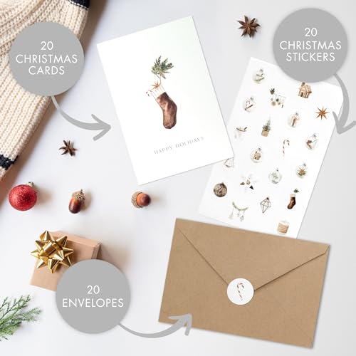 ZICOTO Beautiful Christmas Cards Set of 20 - Incl. Bulk Envelopes, Matching Stickers And Storage Box - Perfect to Send Warm Holiday Wishes to Friends and Family