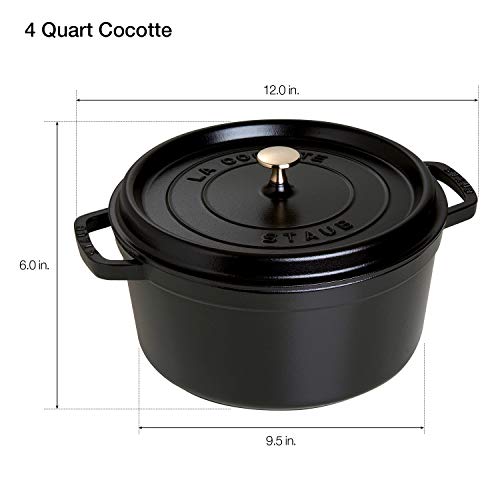 STAUB Cast Iron Dutch Oven 4-qt Round Cocotte, Made in France, Serves 3-4, Matte Black