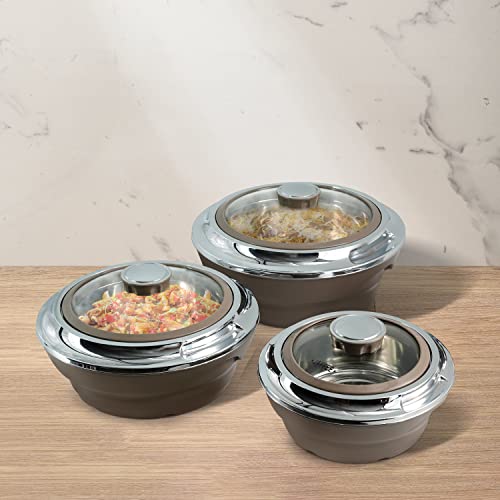 Jaypee Insulated Casserole Dishes | Serving Dishes With Glass Lid | Stainless Steel Inner | Keep Food Warm | Thermal Food Container | Hot Pot | Set of 3-1.5L, 2L, 3L -Cassa Glass By Nyra (Brown)