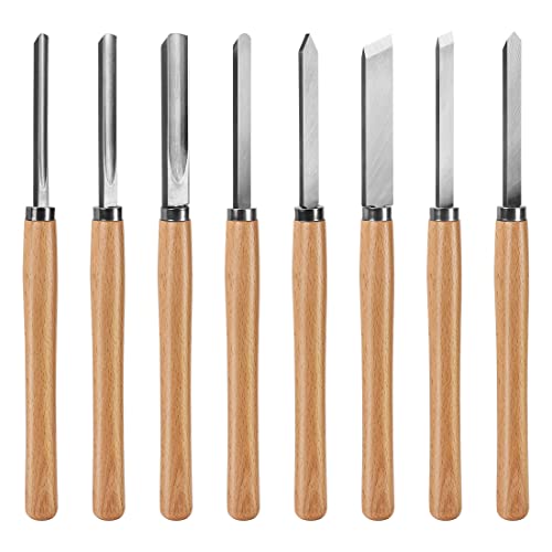 HAUTMEC Professional Wood Turning Chisel 8 pcs Set, Lathe Chisel Set with 2 Skew 1 Spear Point 1 Parting 1 Round Nose & 3 Gouge Tools for Beginners, Hobbyists and Professionals HT0237-WW
