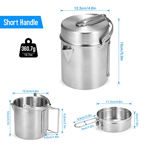 Lixada Camping Cooking Kettle 1L Stainless Steel Pot with Foldable Handle and Dual Use Cover Portable for Hiking Backpacking Picnic