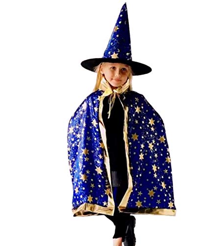 ZZX Wizard Cape Witch Cloak with Hat, Halloween Costume Props for Kids Cosplay Party (Blue)