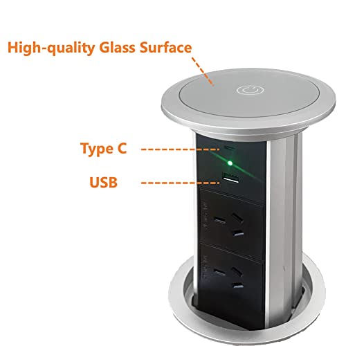 ZESHAN Intelligen pop up Power Outlet Australia Power Tower pop up with Wireless Charger, 2 AU pulgs 1 USB C Charger for Kitchen Counter, Conference Room, Silver