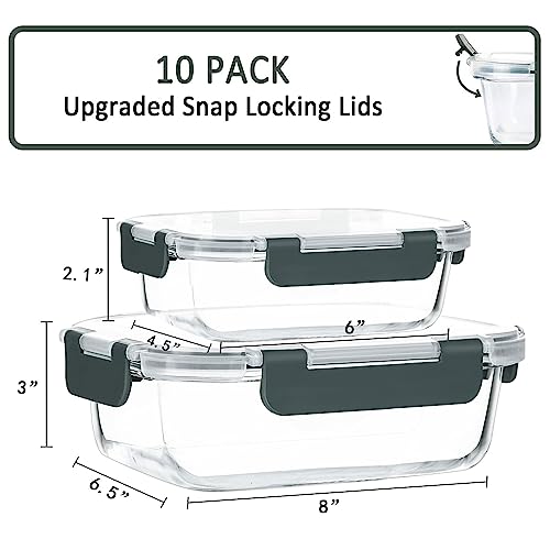 [10 Pack] Glass Meal Prep Containers with Lids-MCIRCO Glass Food Storage Containers with Lifetime Lasting Snap Locking Lids, Airtight Lunch Containers, Microwave, Oven, Freezer and Dishwasher Safe