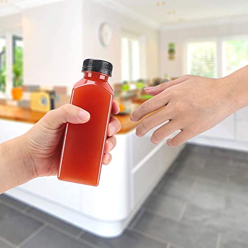 Packware Square Plastic Juice Bottles - Clear Drinking Containers with Tamper Evident Lids - Reusable & Leak-Proof - Great for Storing Homemade Juices Water Smoothies & Much More - 10 Pcs(Black Lids)