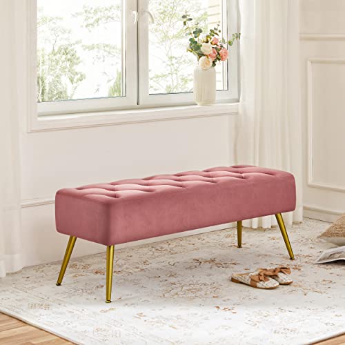 Yaheetech Modern Ottoman Bench Velvet Bench Upholstered Footrest for Living Room with Gold Metal Legs and Padded Seat Pink